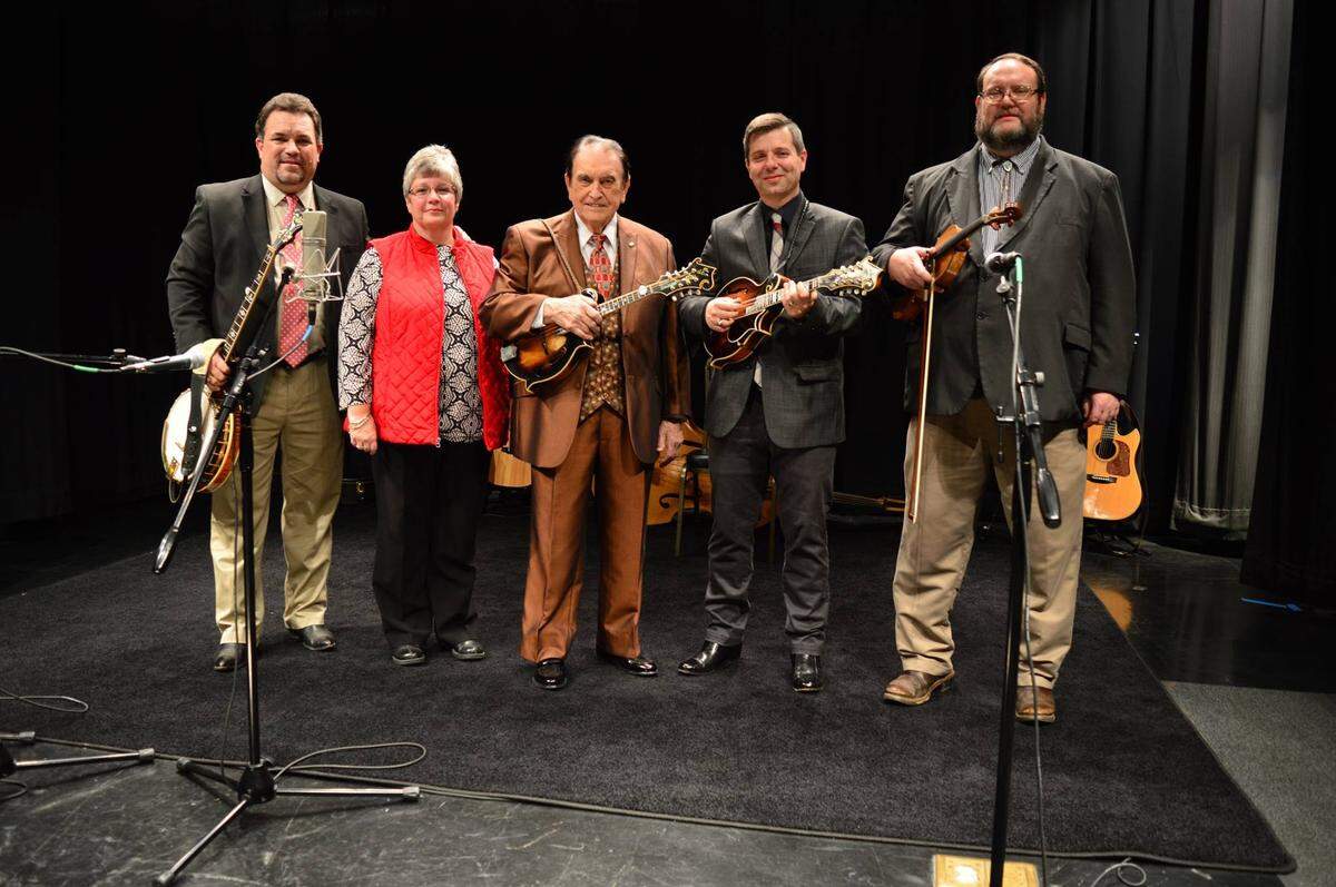 Director Dean Osborne, academic dean Leila Smith, instructer and musician Bobby Osborne, associate professor Scott Napier and instructor Virgil Bowlin pose for a photo.