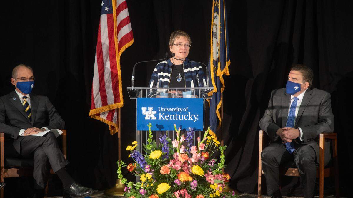 Linda Van Eldik, Ph.D., director of the UK Sanders-Brown Center on Aging, speaks at the event announcing $14.5 million in renewal funding for research and outreach at the center.