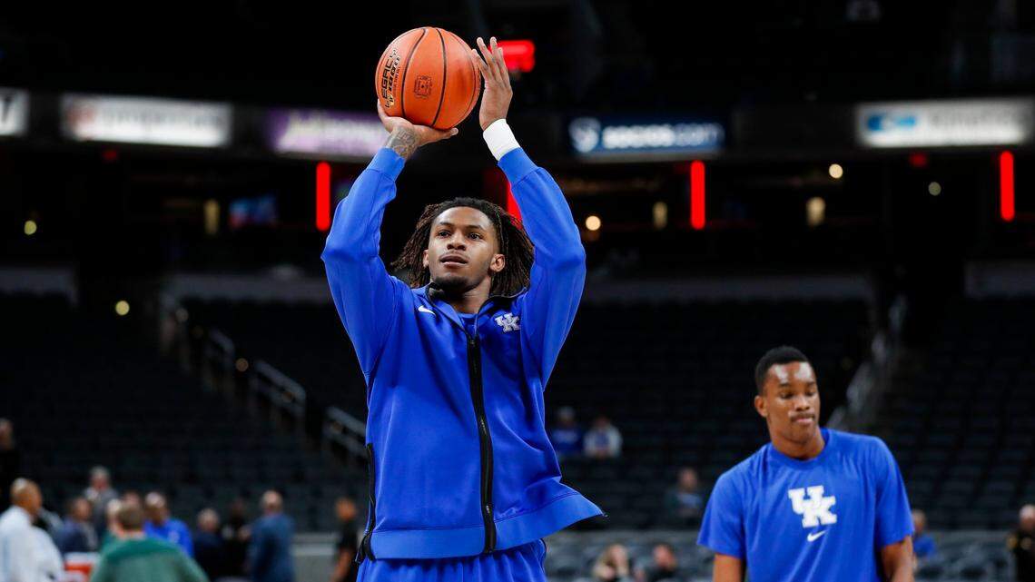 Kentucky forward Daimion Collins warms up before facing the Michigan State Spartans after missing the first two games of UK’s season following the death of his father.