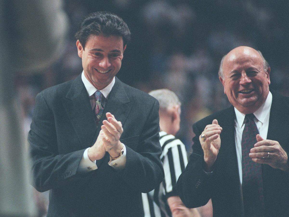 Former Kentucky coach Rick Pitino, left, and longtime UK equipment manager Bill Keightley knew the importance of the Cats-Cards rivalry.