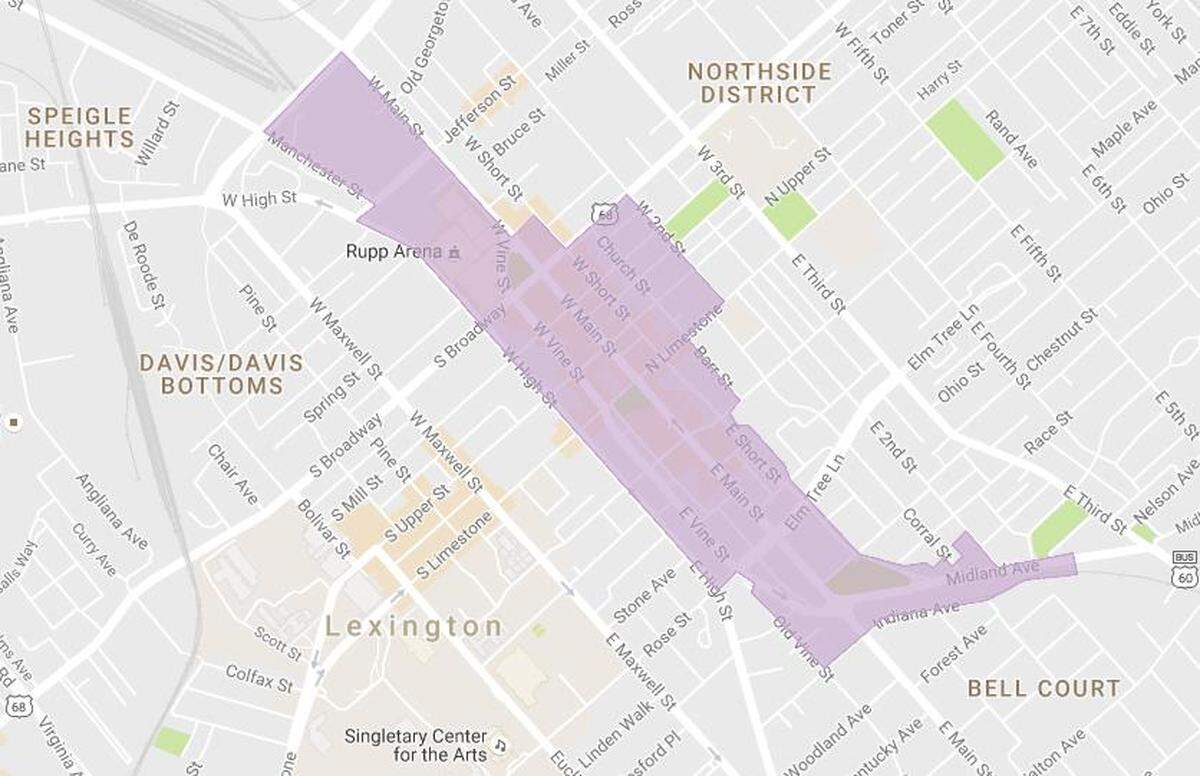 The boundaries of Lexington’s Downtown Management District stretch from Midland Avenue to Newtown Pike.