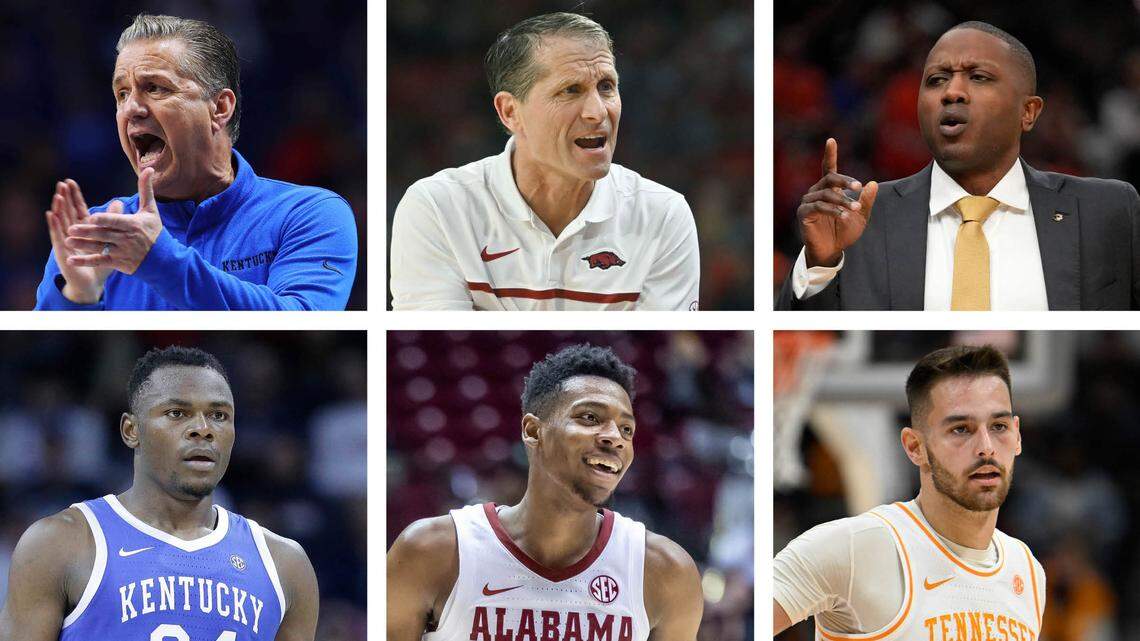 Clockwise from top left: Kentucky Coach John Calipari, Arkansas Coach Eric Musselman, Missouri Coach Dennis Gates, Tennessee’s Santiago Vescovi, Alabama’s Brandon Miller and Kentucky’s Oscar Tshiebwe.