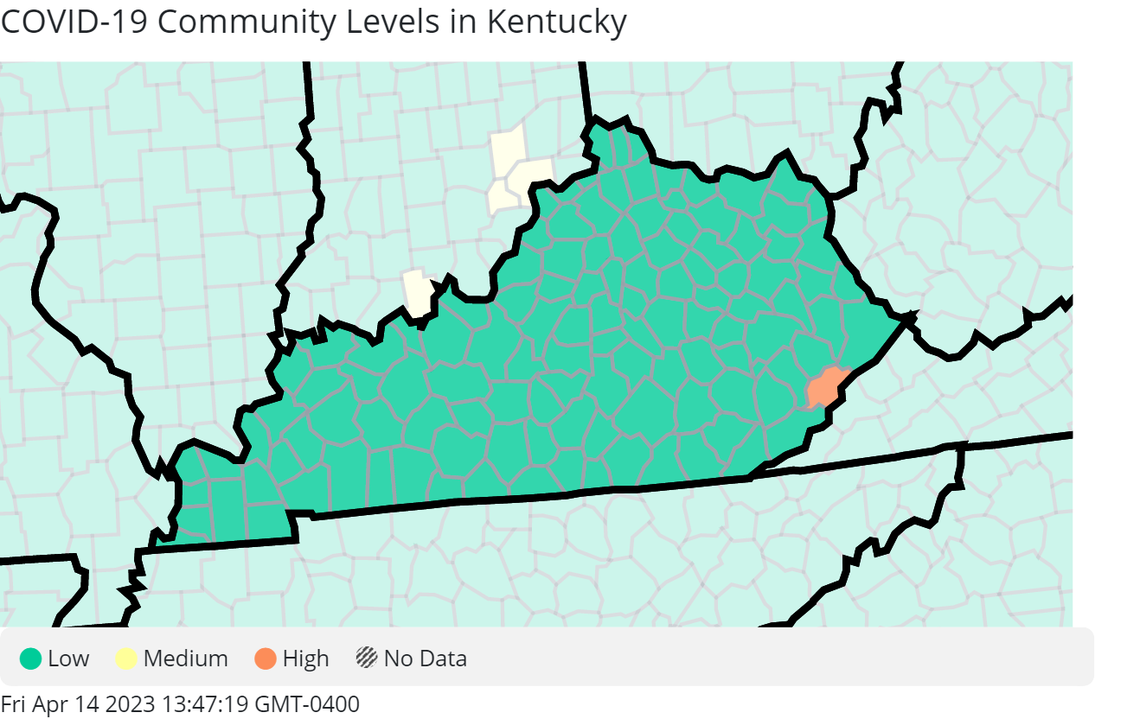 The latest COVID-19 community levels from the CDC, as of April 13, 2023. 