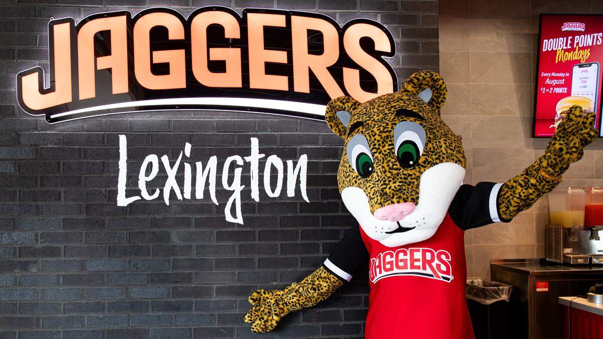Jaggers mascot posing for a pic at their new location on 2350 Norman Lane at Regency Center on August 5, 2025, in Lexington, KY.
