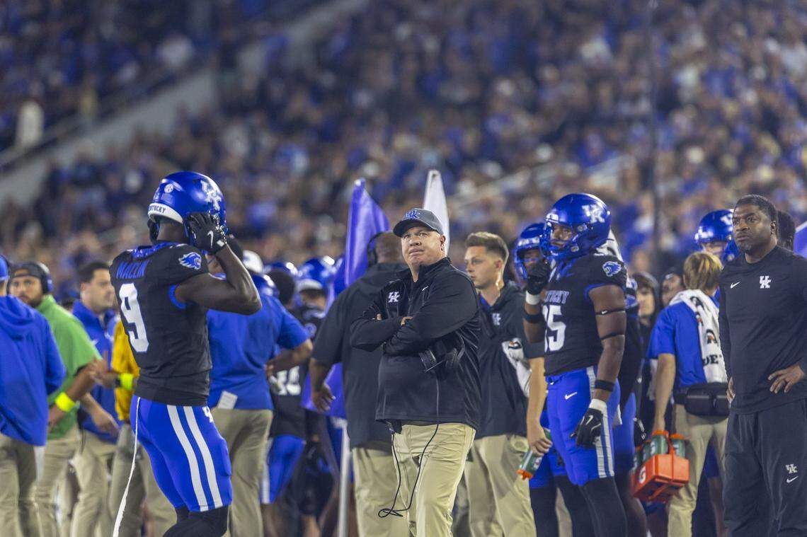 Kentucky head coach Mark Stoops watches his team play against Vanderbilt on Saturday at Kroger Field.