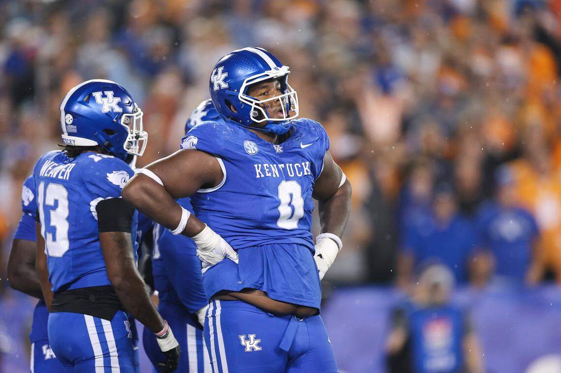At Mississippi, Kentucky star tackle Deone Walker (0) will lead the Wildcats’ defense against an Ole Miss offense that is first in the FBS in scoring (55 points a game), first downs (130), passing (422.8 yards a game) and total offense (670.8 yards a game).