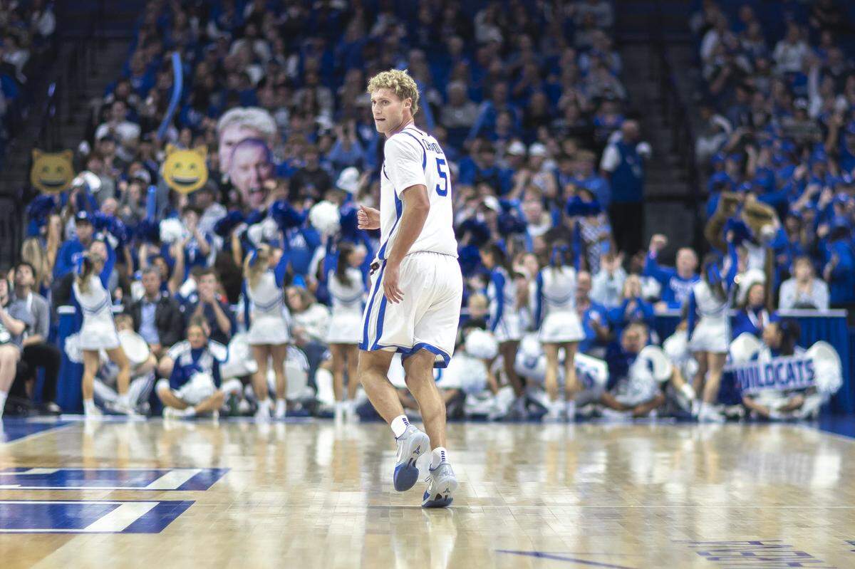 Kentucky guard Collin Chandler reacts after scoring a basket against Loyola (Maryland) at Rupp Arena on Friday.