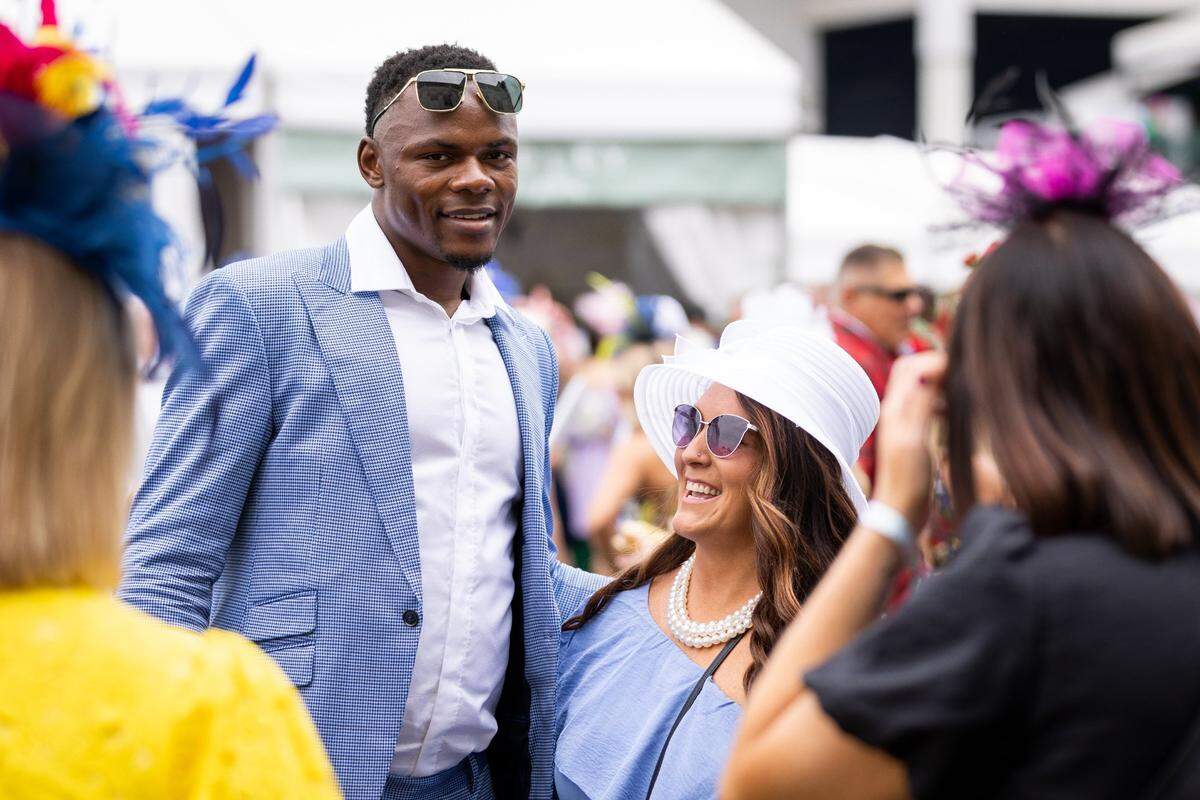 Oscar Tshiebwe posed for a photo at the 2023 Kentucky Derby at Churchill Downs in Louisville.