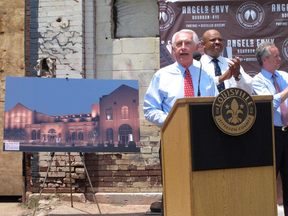 In July 2013, then-Gov. Steve Beshear joins in announcing plans for a new Angel’s Envy distillery in downtown Louisville in a renovated a century-old building. The brand, now owned by Bacardi, has since expanded with a distillery in Henry County and has plans to build a major warehouse campus and tourism destination there too, over the objections of neighbors.