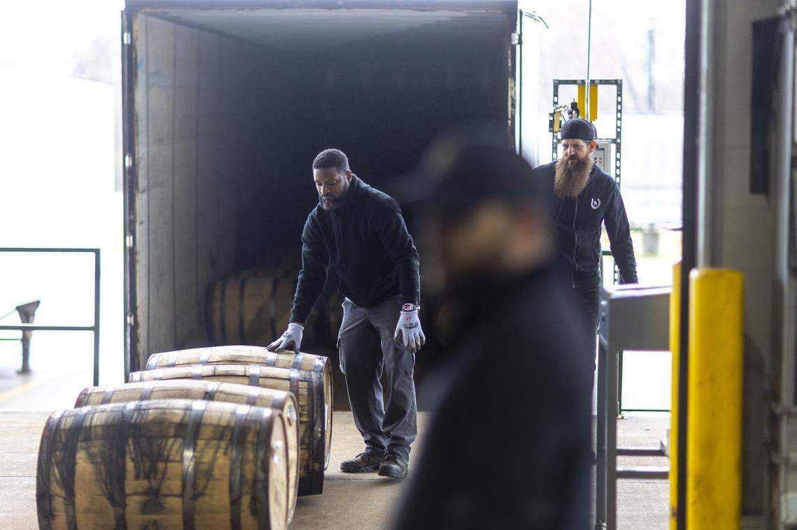 Bourbon barrels are unloaded at Bardstown Bourbon Company in Bardstown, Ky., on Wednesday, Nov. 19, 2025.