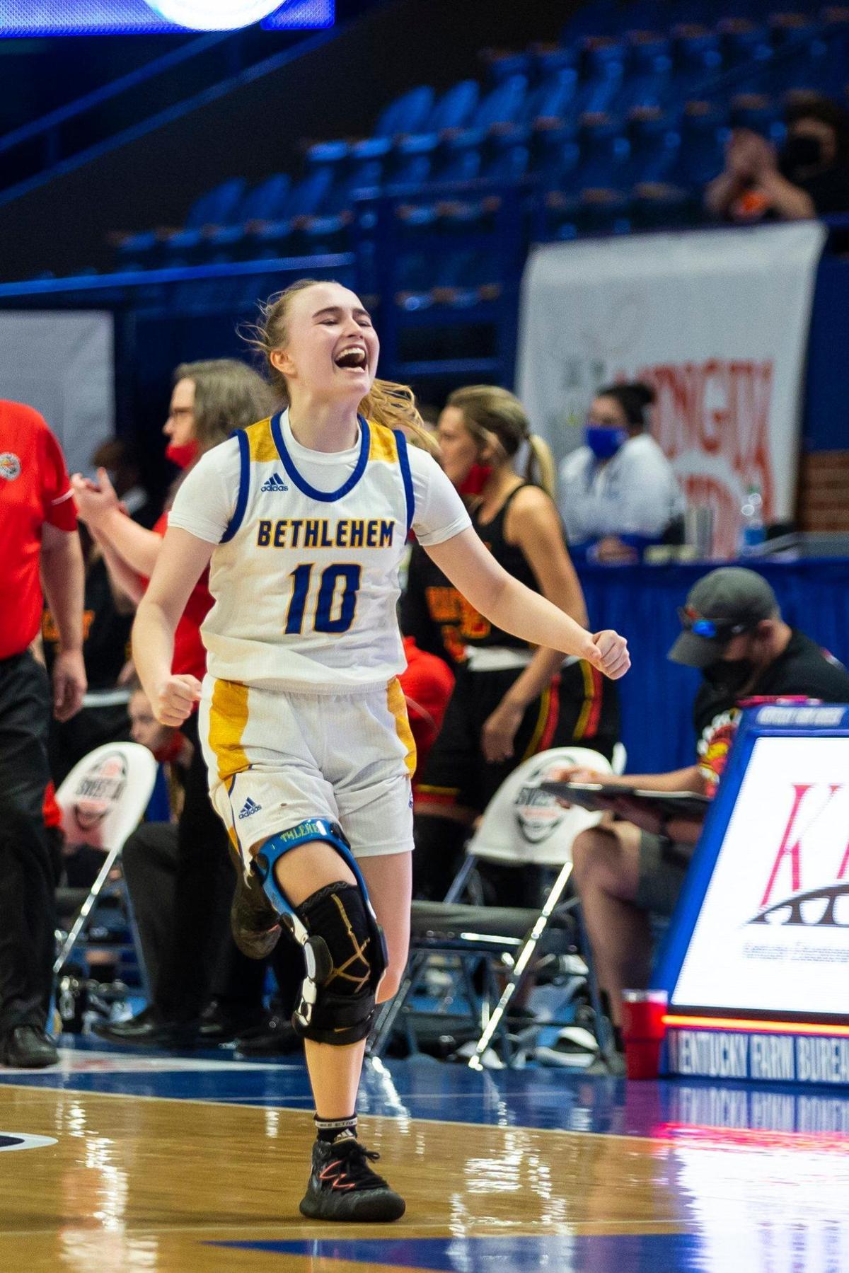 Bethlehem’s Amelia Hodges (10) celebrates after the Banshees’ win. Hodges finished with nine points and five assists.