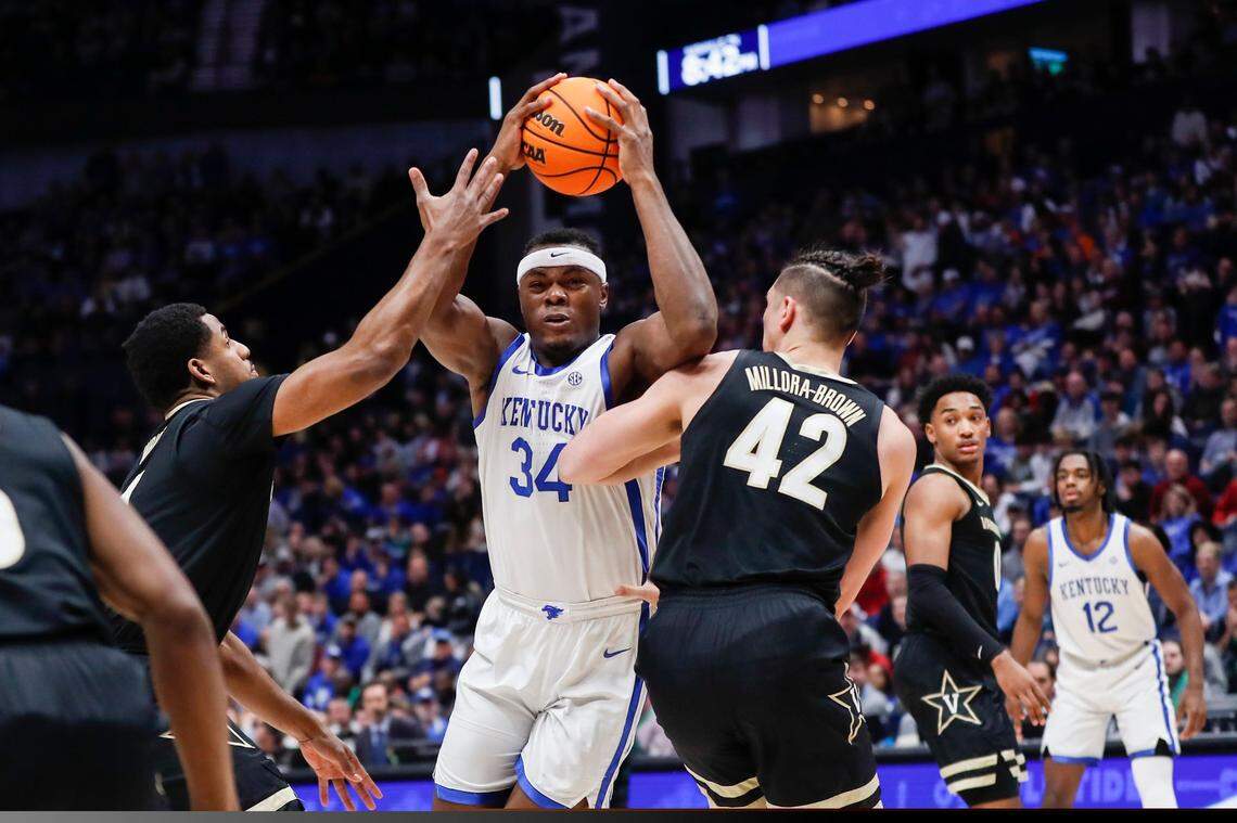 Former Kentucky forward Oscar Tshiebwe (34) is the sixth-all-time leading rebounder (952) in UK men’s basketball history in spite of playing only two varsity seasons for the Wildcats.