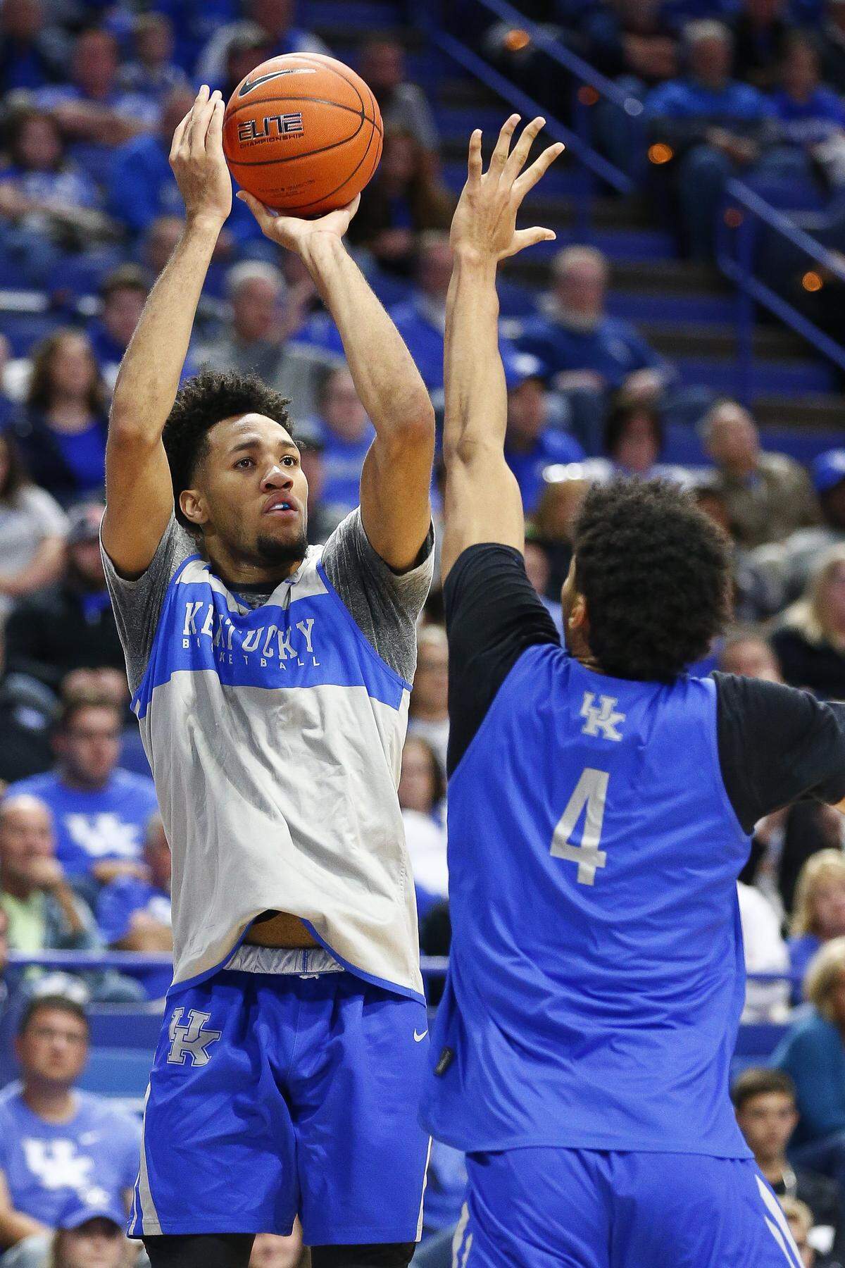 EJ Montgomery, left, says he’s learned a lot about the game since arriving at Kentucky because he has to go against three big men with distinct styles in practice in Nick Richards (4), PJ Washington and Reid Travis.