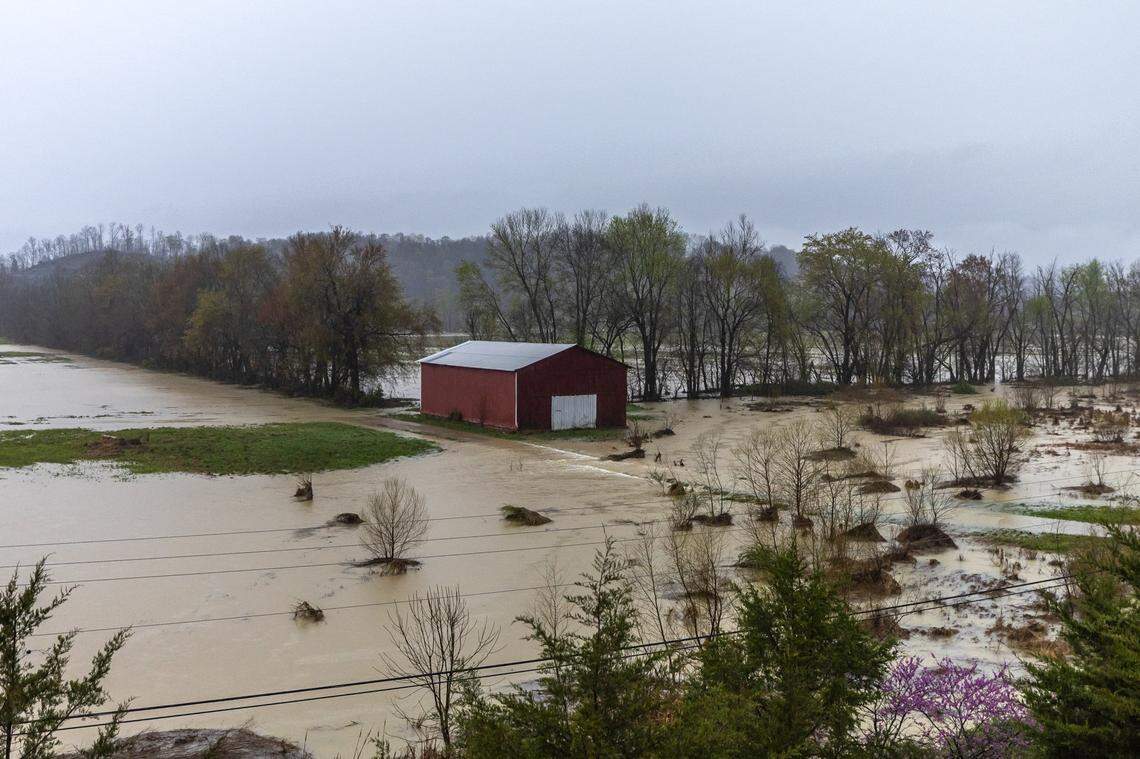 Water floods a field along U.S. Route 127 in Casey County, Ky., on Friday, April 4, 2025.