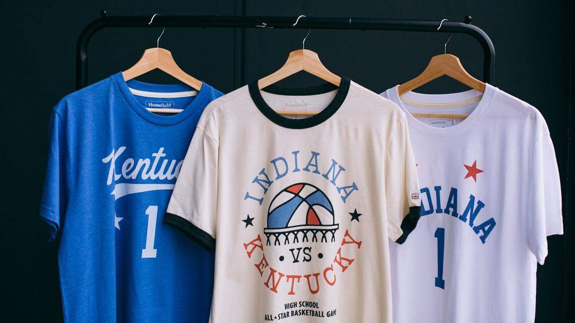 Homefield Apparel, an Indiana-based company that licenses sports logos and sells merchandise, has released three T-shirts celebrating the annual high school basketball rivalry series between the Indiana All-Stars and the Kentucky All-Stars.