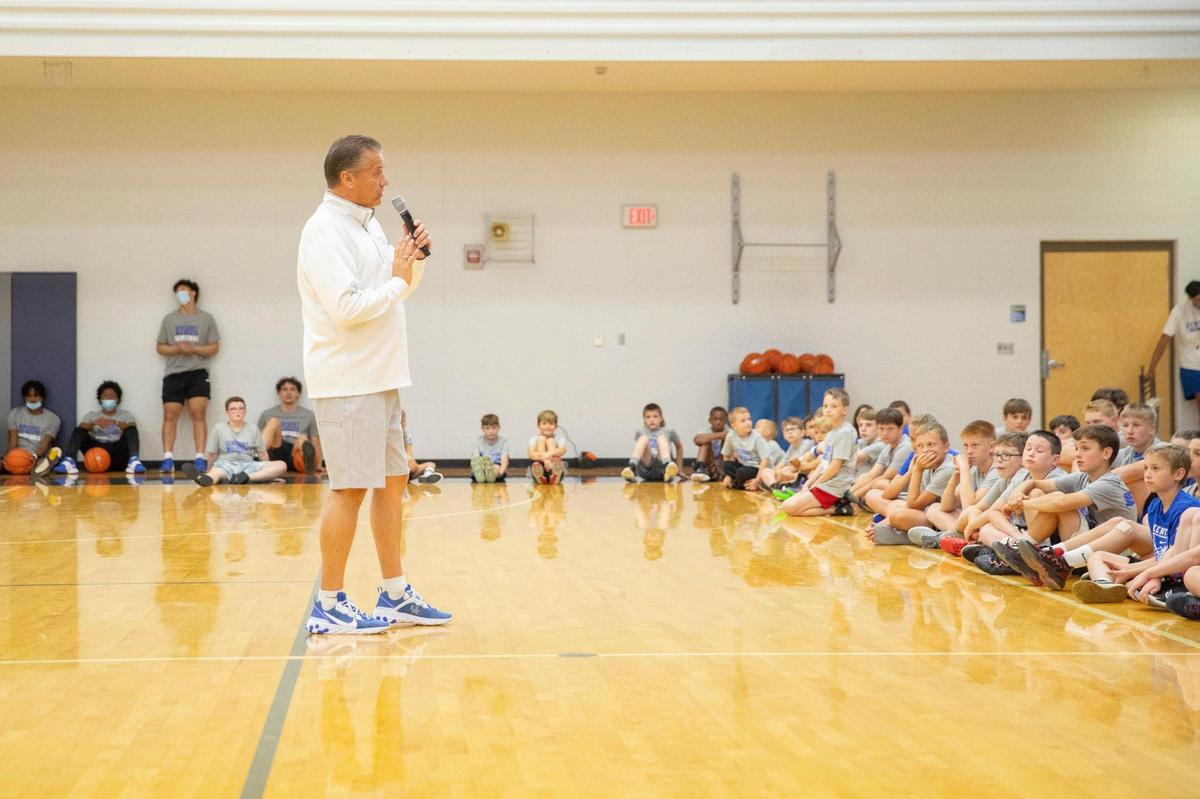 Kentucky Coach John Calipari speaks to participants during Tuesday’s youth basketball camp at Thomas Nelson High School in Bardstown.