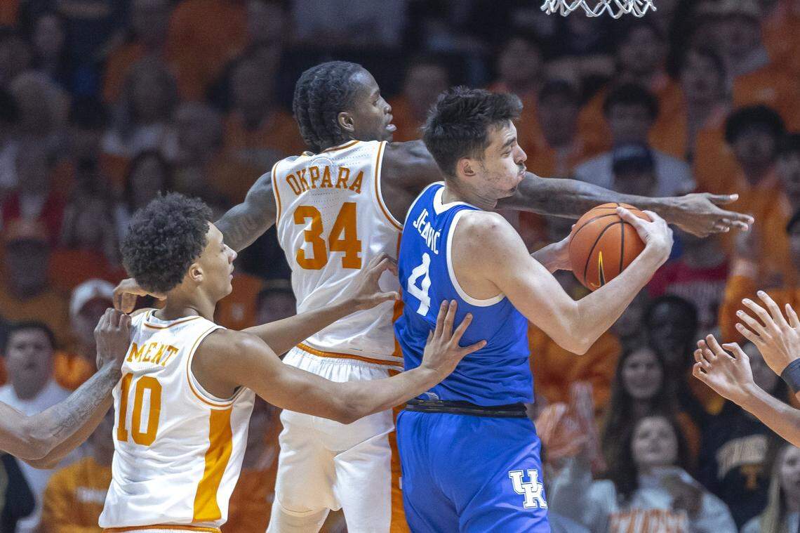 Kentucky basketball forward Andrija Jelavic (4) has shown improved physicality in games since becoming a starter last month for the Wildcats.