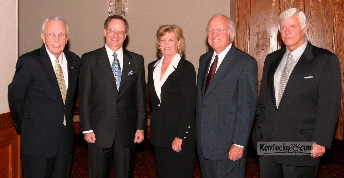 L-R: Former Sen. Wendell Ford, Dr. Lee Todd, Gov. Martha Layne Collins, Gov. Julian Carroll and Gov. John Y. Brown at a benefit dinner for UK Center for Research on Violence Against Women at the Marriott Hotel in Lexington, KY on June 14, 2004. The former governors were honored with legacy awards for their respective contributions to ending violence against women. PHOTOGRAPHER: Matt Goins