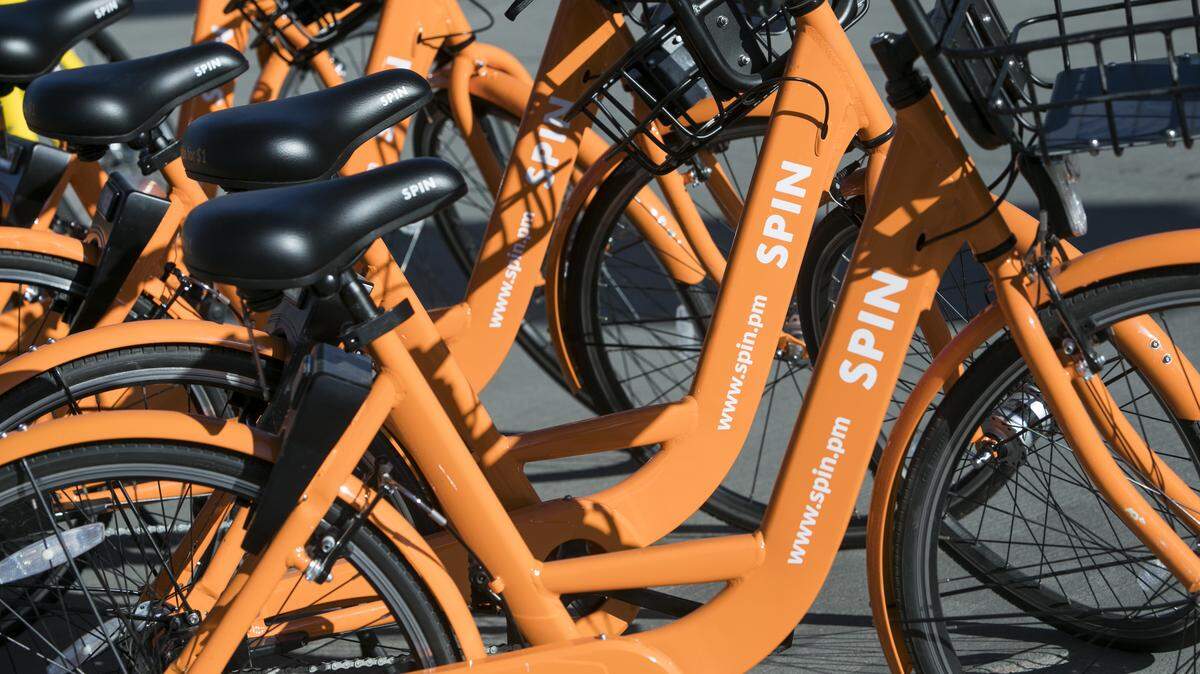 A row of Spin dockess bicycle-sharing bikes in Tempe, Arizona, on February 3, 2018.