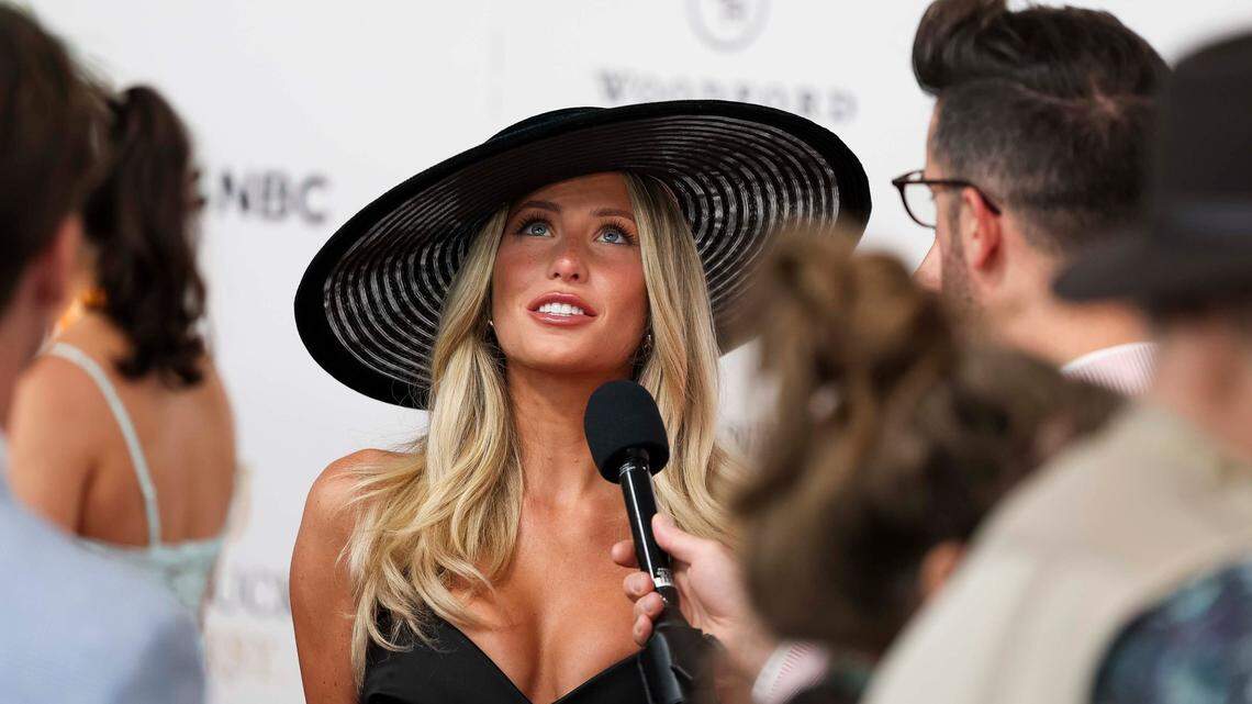 Influencer Alix Earle speaks to media at the Kentucky Derby Red Carpet on Saturday, May 3, 2025, at Churchill Downs in Louisville, Kentucky.