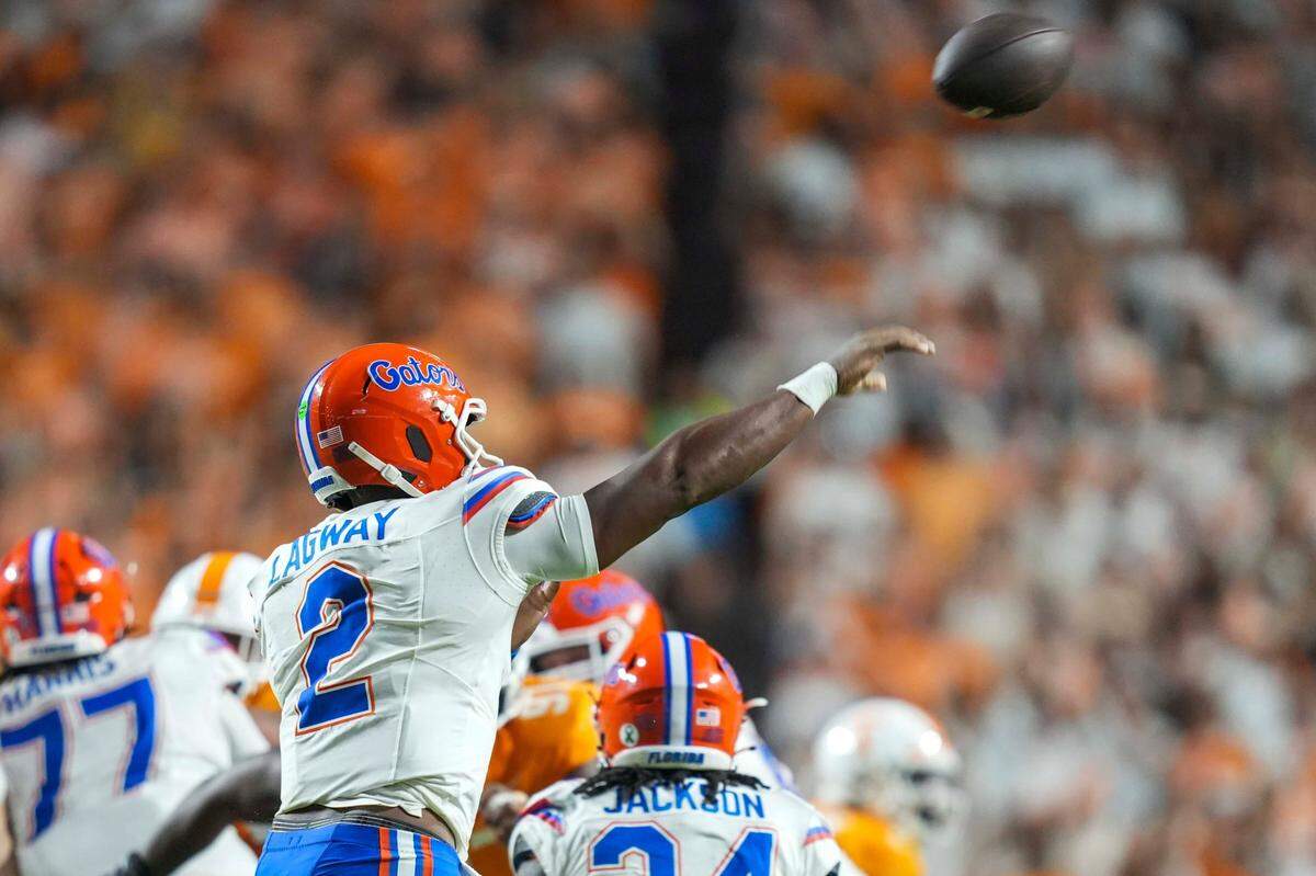 Highly touted, true freshman Florida quarterback DJ Lagway (2) completed 9 of 17 passes for 98 yards with both a touchdown pass and an interception in the Gators’ 23-17 overtime loss at Tennessee last week.