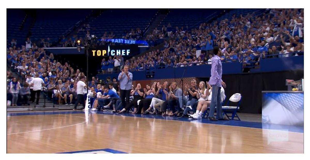 At the “Top Chef” Kentucky taping in Rupp Arena, former Wildcat basketball star turned chef Kenny “Sky” Walker was introduced to the crowd, as you can see in this shot from the season’s trailer. Walker had a courtside VIP seat, which included samples of everything the chefs made for the Quickfire challenge.