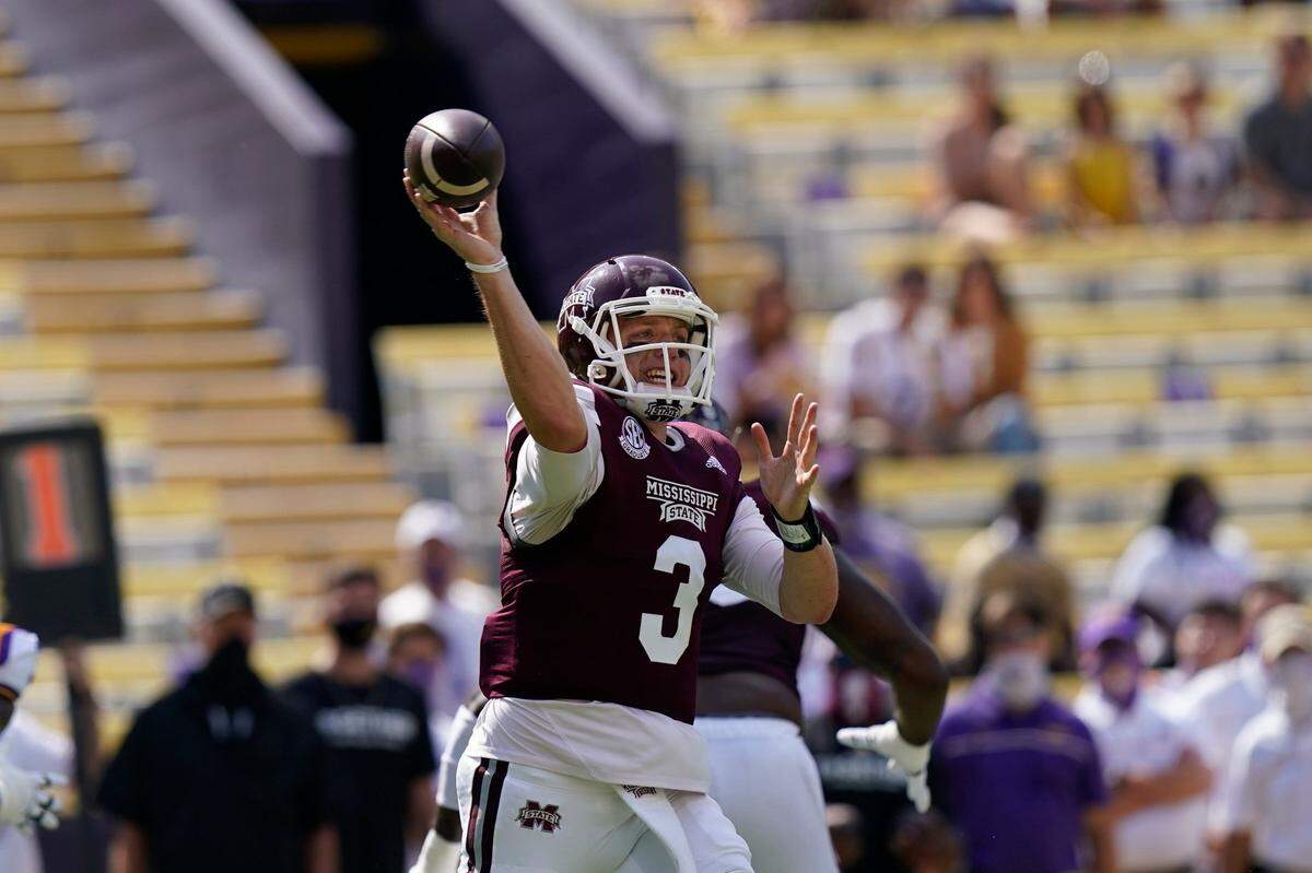 Mississippi State quarterback K.J. Costello (3) is ninth in the country in passing yards with 936 in spite of playing in fewer games (two) than any other QB in the top 20.