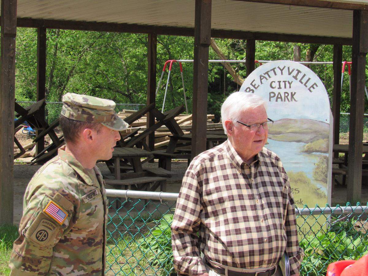 U.S. Rep. Hal Rogers, right, and Col. Eric Crispino, commander of the Louisville Division of the U.S. Army Corps of Engieeers, discuss at potential flood-control study for Beattyville on May 6, 2021. They were at park damaged in a flood.