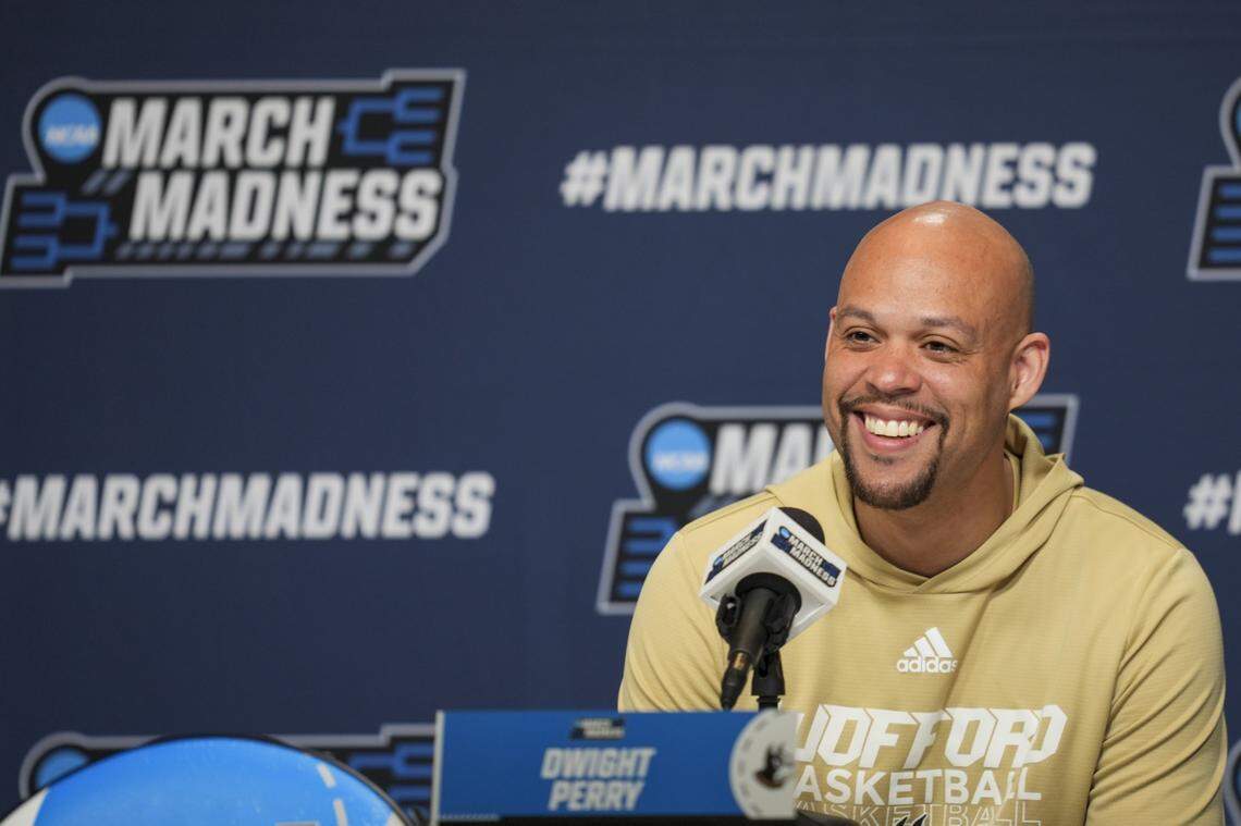 Mar 19, 2025; Lexington, KY, USA;  Woofford head coach Dwight Perry speak to media during NCAA Tournament First Round Practice at Rupp Arena. Mandatory Credit: Aaron Doster-Imagn Images