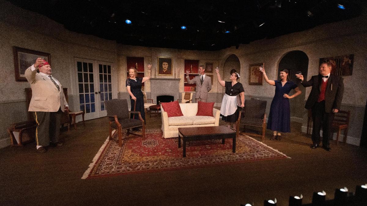Actors with Studio Players rehearse for their performance of “Bloody Murder” at The Carriage House Theatre, Sept. 30. Opening night for the Lexington community theater’s performance of the murder mystery satire was when the COVID pandemic started and sets at The Carriage House Theatre have been up ever since.