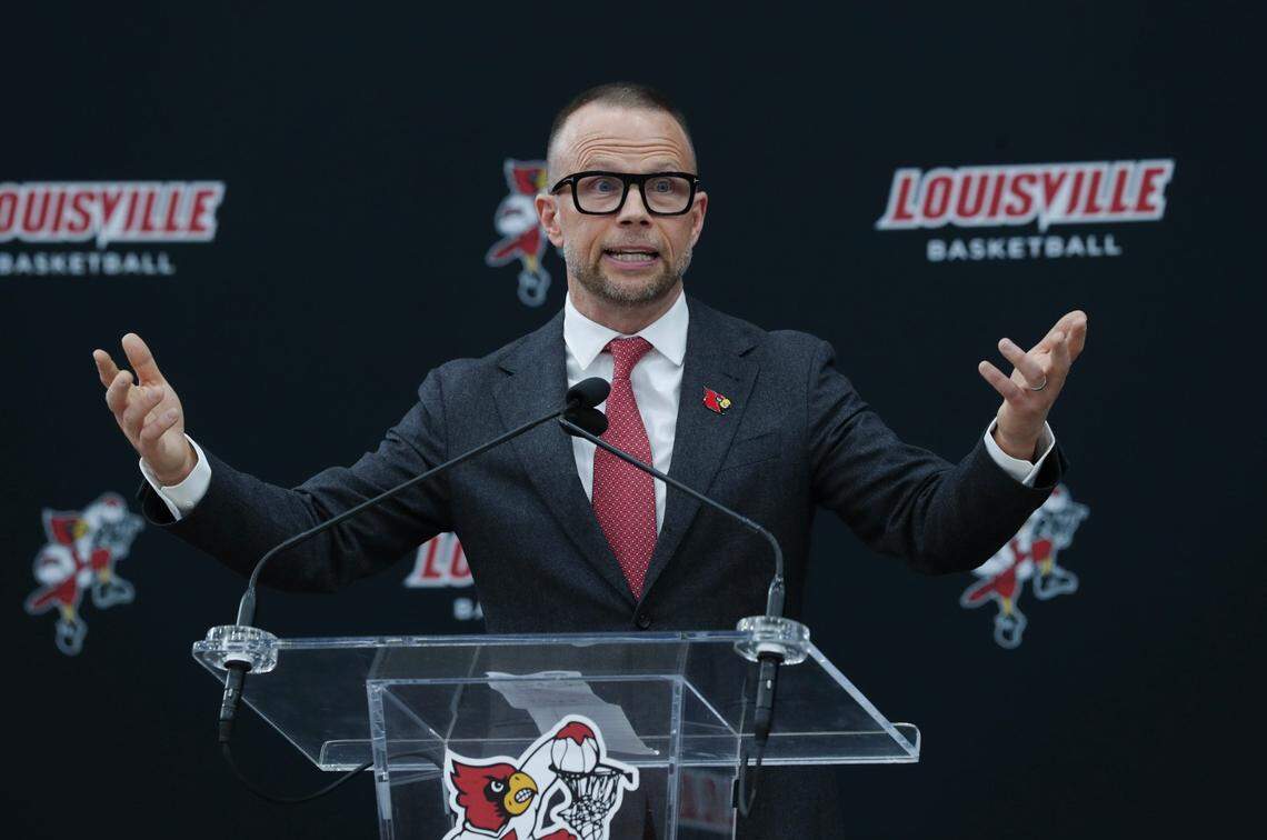 New Louisville basketball head coach Pat Kelsey made remarks during his announcement at the Planet Fitness Kueber Center at U of L in Louisville, Ky. on March 28, 2024.