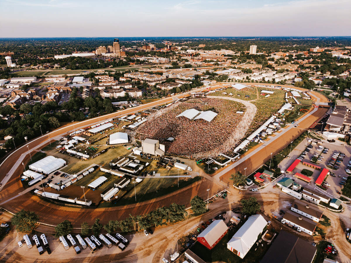 Aerial view of the crowd on the first day of the 2026 Railbird Festival, Saturday, June 6, 2026 at the Red Mile in Lexington, KY. The second day of the music festival was a sellout crowd of 45,000.