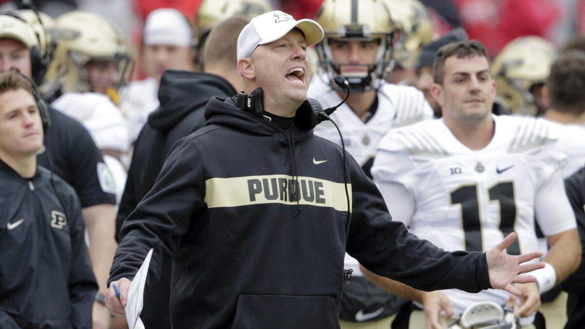 Purdue head coach Jeff Brohm reacted to call during the first half against Nebraska on Sept. 29.