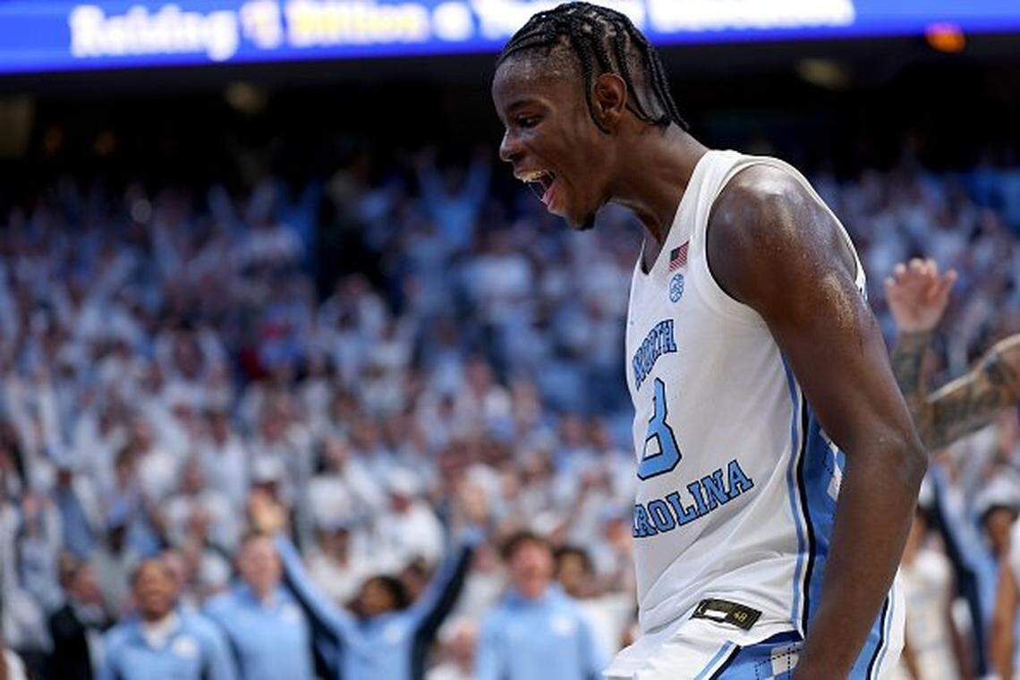 CHAPEL HILL, NORTH CAROLINA - NOVEMBER 07: Caleb Wilson #8 of the North Carolina Tar Heels reacts after a dunk against the Kansas Jayhawks during the second half of the game at Dean E. Smith Center on November 07, 2025 in Chapel Hill, North Carolina. (Photo by Grant Halverson/Getty Images)