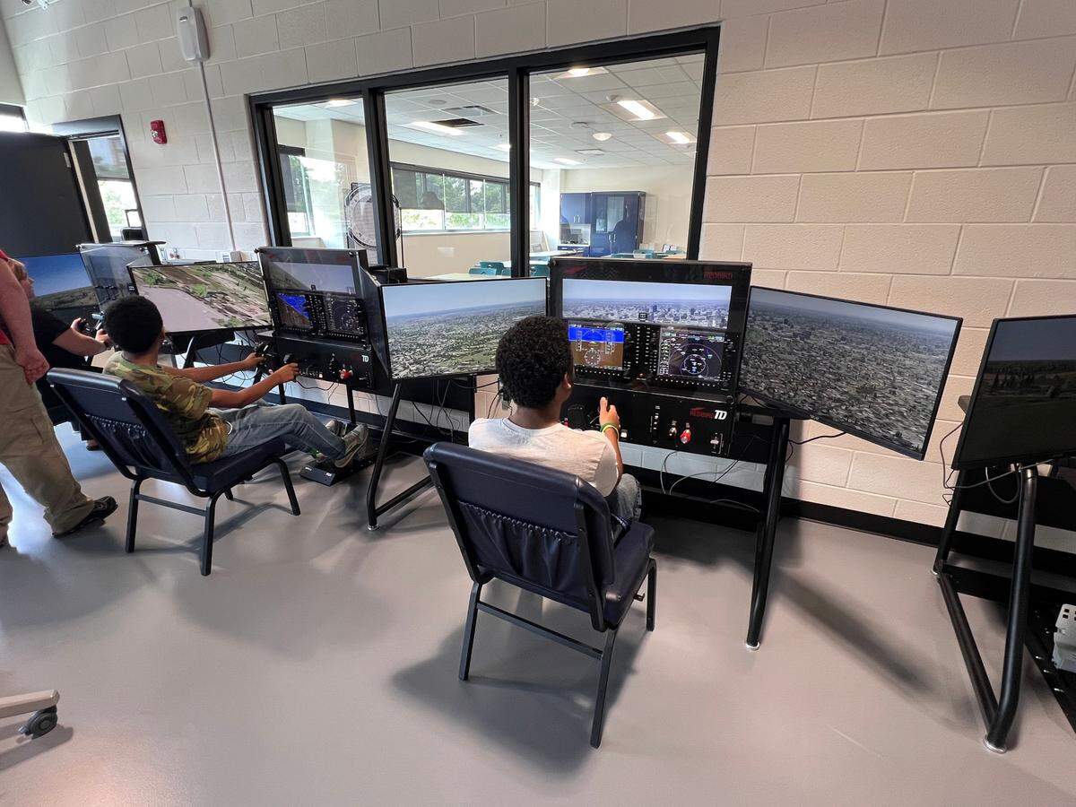 The aviation classroom at the Hill has 24 flight simulators for those students interested in a career in aviation.