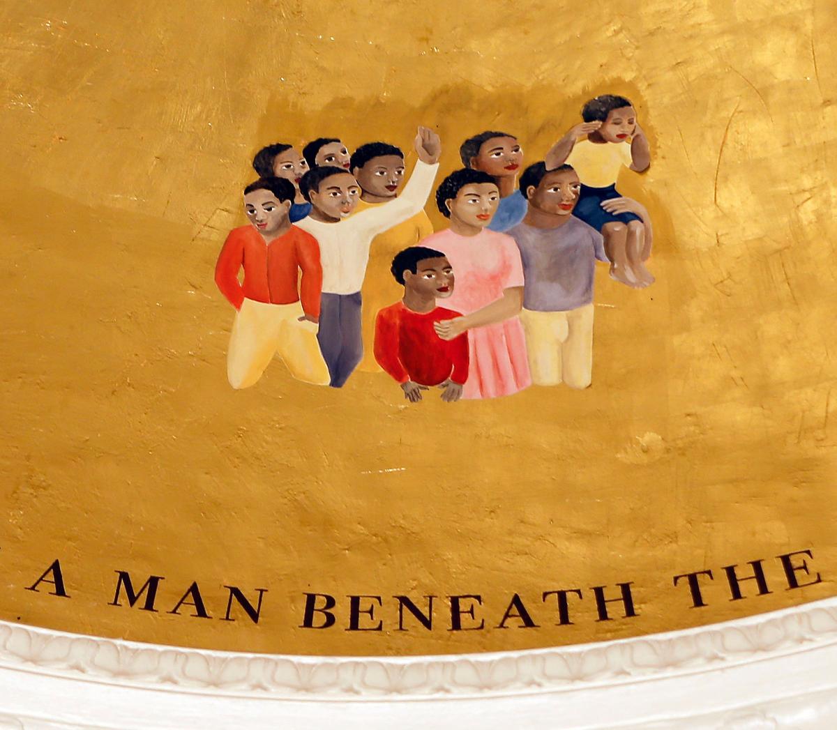 Paintings of African-Americans, taken from the mural in the lobby, are part of Artist Karyn Olivier’s new work titled “Witness,” which she is creating around the dome in the University of Kentucky’s Memorial Hall. Olivier was chosen to create contextual art around UK’s controversial 1930s mural by Ann Rice O’Hanlon, which is located in the lobby.