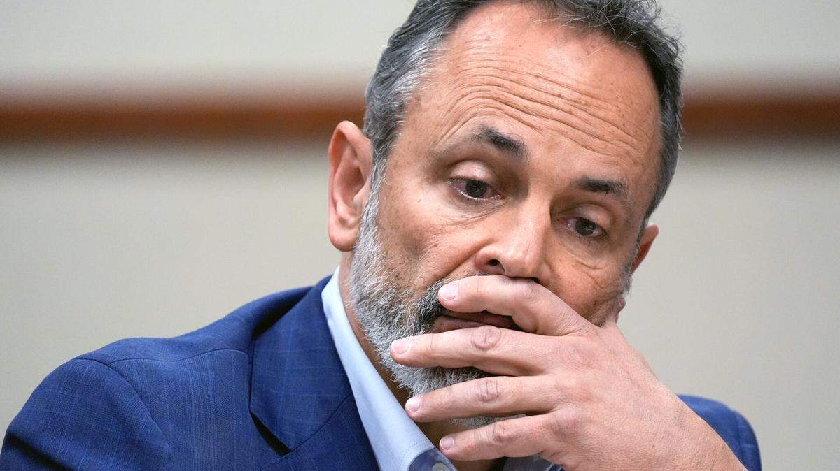 Former Kentucky Governor Matt Bevin listens to a complaint against he and First Lady Glenna Bevin in Family Court on Friday, March 21, 2025.  Their son, Jonah Bevin, 18, has been granted an emergency protective order against his parents.
