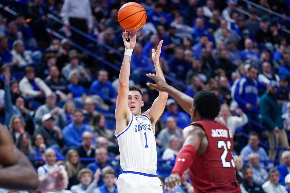 Playing for the first time since suffering a finger injury at Missouri, Kentucky guard CJ Fredrick (1) hit six of nine field goals, two of four three-pointers, and scored 14 points in UK’s 71-68 loss to South Carolina on Tuesday night.