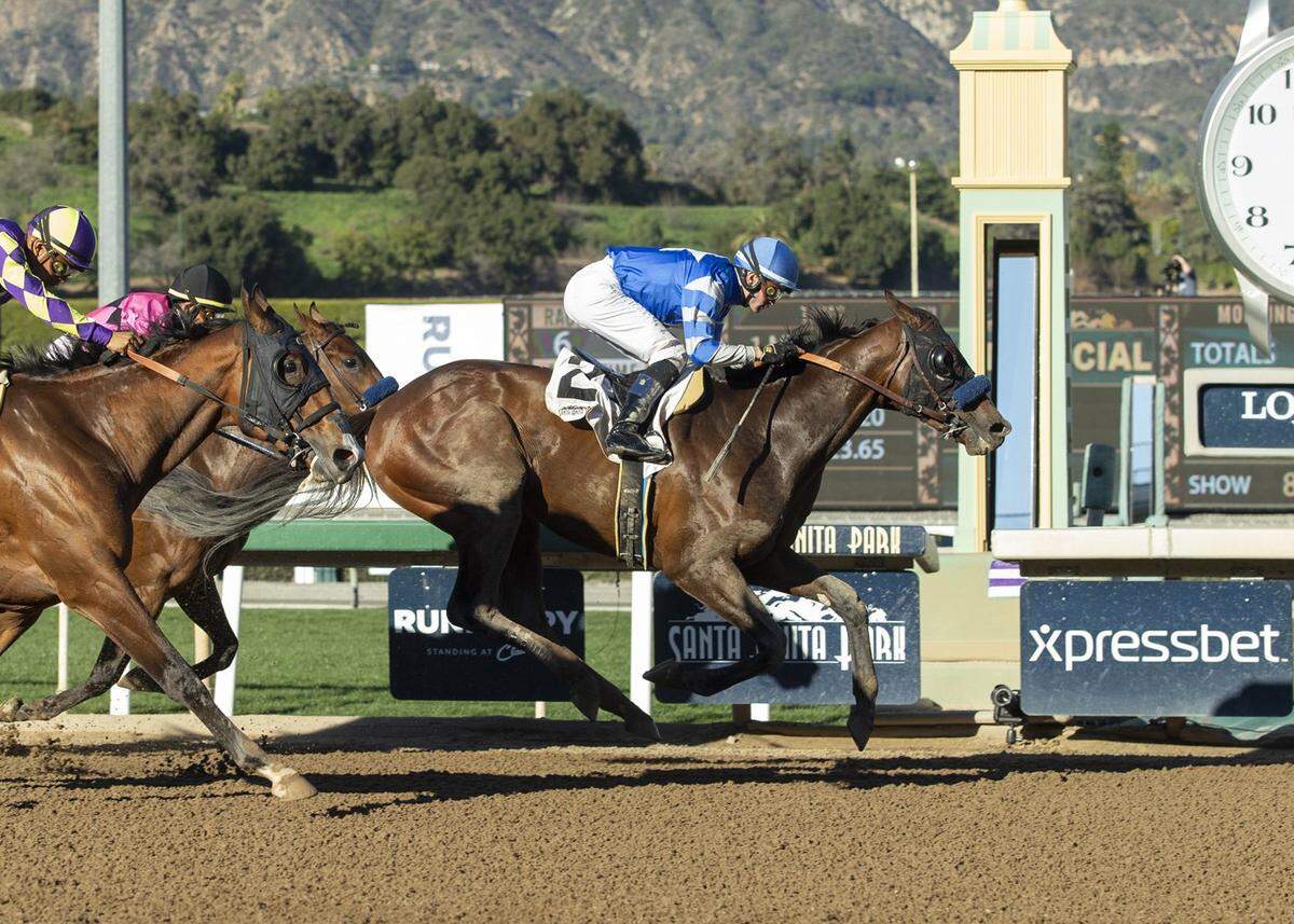 Flavien Prat won the $200,000 Robert B. Lewis Stakes aboard Thousand Words at Santa Anita on Feb. 1. The Bob Baffert-trained colt is among the favorites for Saturday’s San Felipe Stakes.