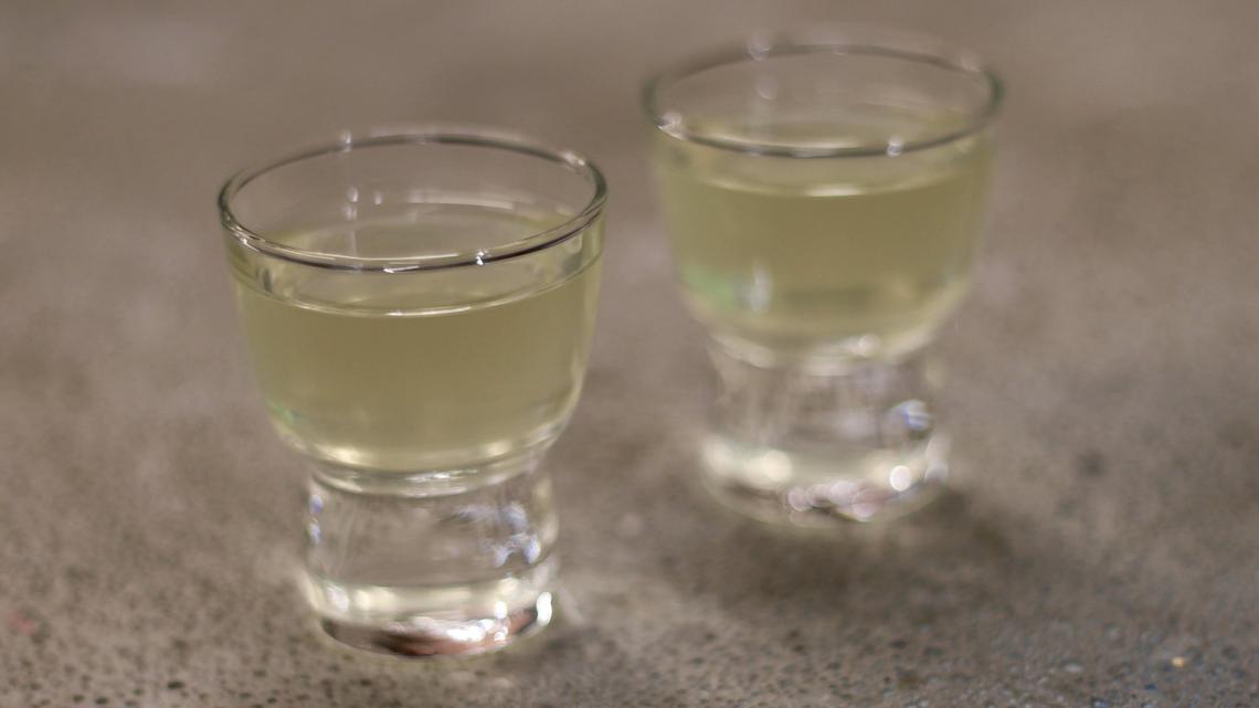 A sample batch of sake from The Void Sake Co. poured into shot glasses, February 3, 2021.