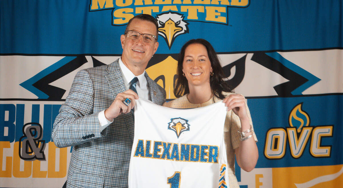 New Morehead State women’s basketball coach Jackie Alexander, right, with MSU athletics director Kelly Wells at the coach’s introductory news conference. “She understands Kentucky, she understands Morehead State, and I just think the fit right now at this time is perfect with Jackie Alexander,” Wells said.