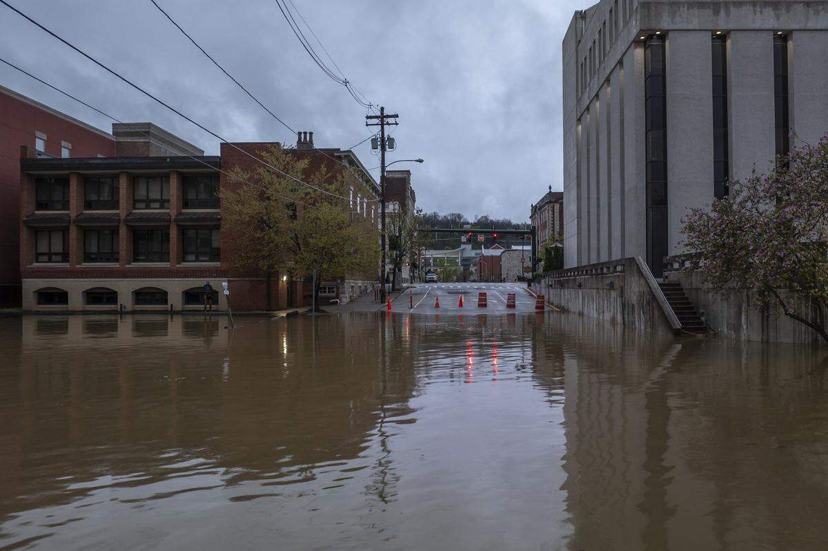 The Kentucky River floods in Frankfort, Ky., on Sunday, April 6, 2025.