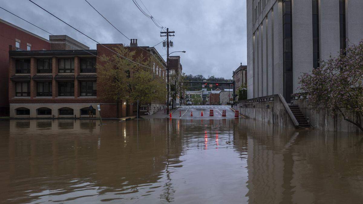 The Kentucky River floods in Frankfort, Ky., on Sunday, April 6, 2025.