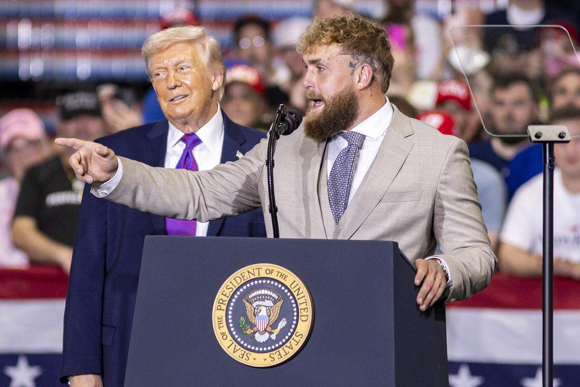 Jake Paul speaks during President Donald Trump’s visit to Verst Logistics in Hebron, Kentucky, on Wednesday, March 11, 2026.