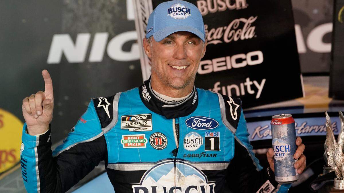 Kevin Harvick celebrates in Victory Lane after winning the NASCAR Cup Series auto race Saturday, Sept. 19, 2020, in Bristol, Tenn. 