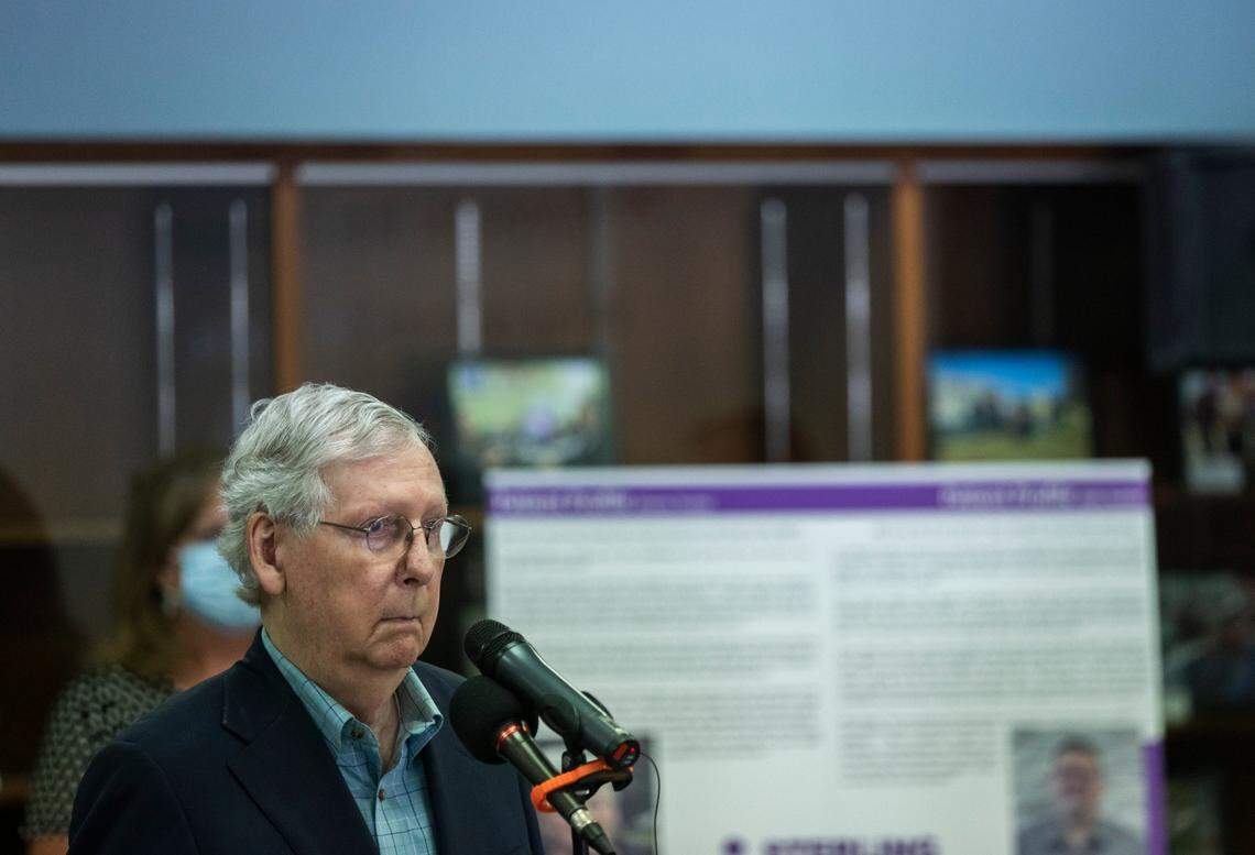 Sen. Mitch McConnell speaks during a press conference at Sterling Health Care in Mt. Sterling, Ky., Wednesday, July 8, 2020.