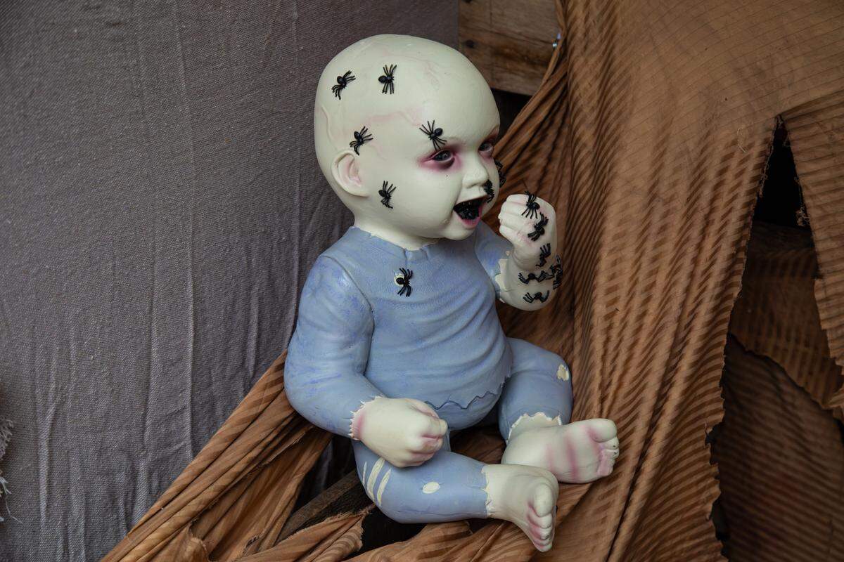 A scary toddler snacks on spiders at Michael Cronk's annual Halloween fright night haunted house tour in his front yard on Lincoln Avenue.