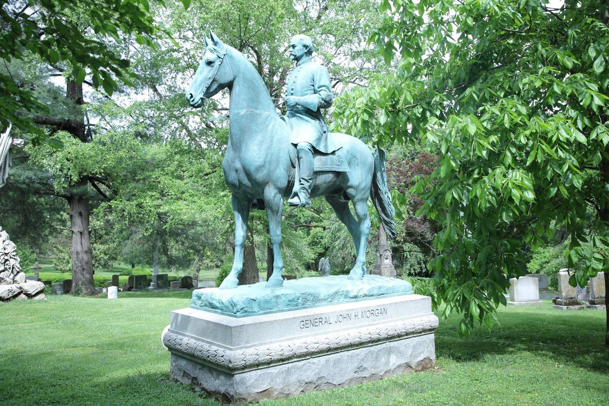 Monument of Confederate General John Hunt Morgan, who raised the 2nd Kentucky Cavalry Regiment, fought at Shiloh and launched a raid in Kentucky that encouraged Braxton Bragg’s invasion of that state at the Lexington Cemetery in Lexington, Ky on May 9, 2024.