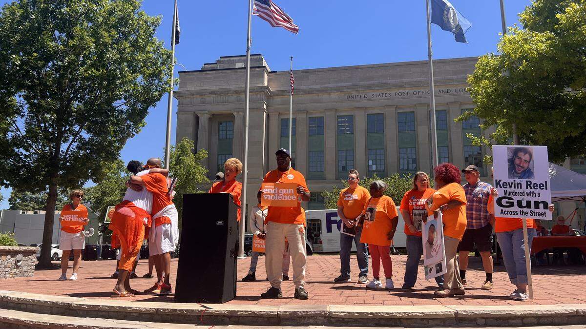 Fayette County Sheriff Kathy Witt stands with victims and survivors of gun violence on June 7, 2024, at the Courthouse Plaza in Lexington, Kentucky.