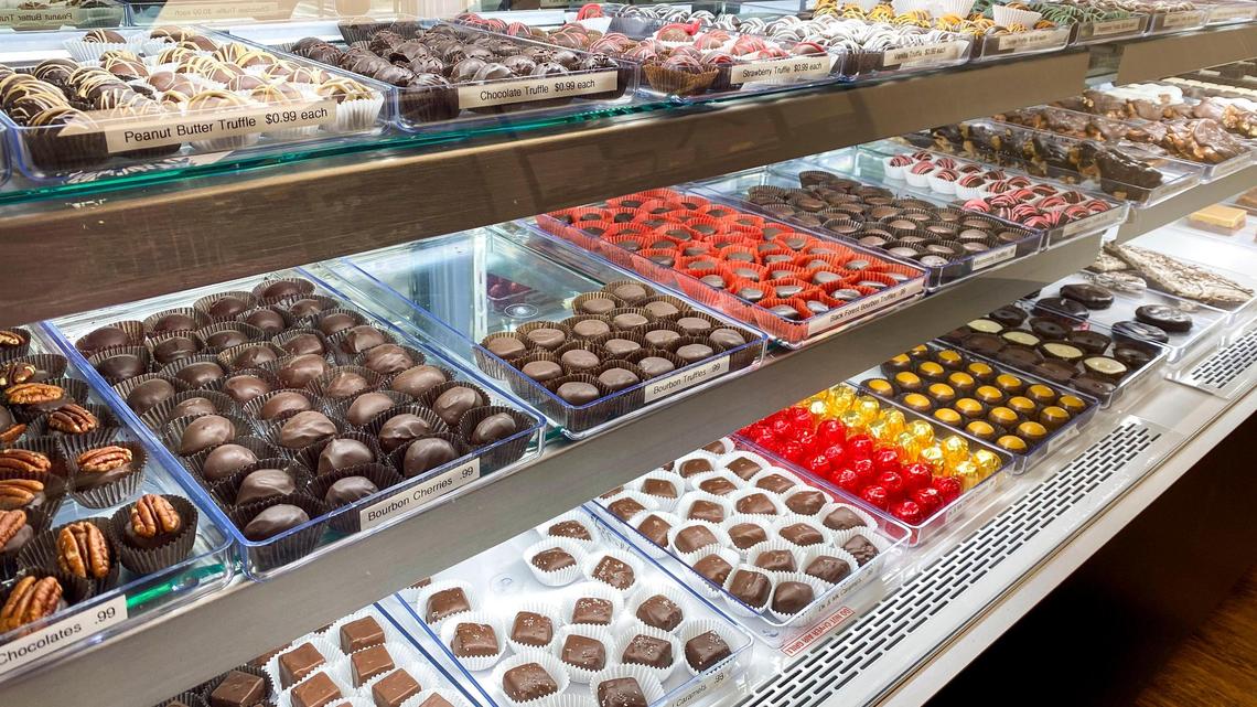 The chocolate candy case at Old Kentucky Chocolates in the Lansdowne Shoppes, 3385 Tates Creek Road, Saturday, April 22, 2023, in Lexington, Ky. The local chocolate and candy shop has been in business since 1964 and has several Lexington locations.